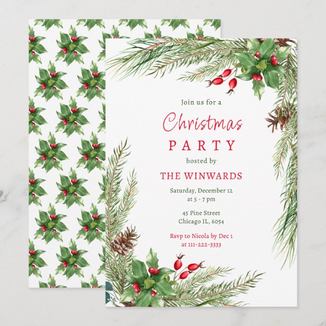 Invitation Fête de Noël Branches de Pin et Baies (Devant / Derrière)