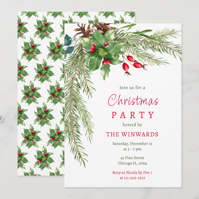 Invitation Fête de Noël Branches de Pin et Baies  (Devant / Derrière)