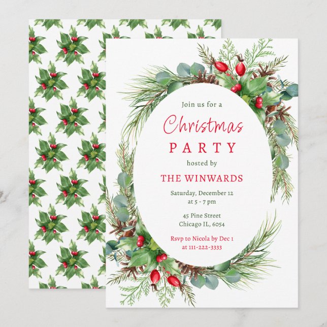 Invitation Fête de Noël Branches de Pin et Baies (Devant / Derrière)