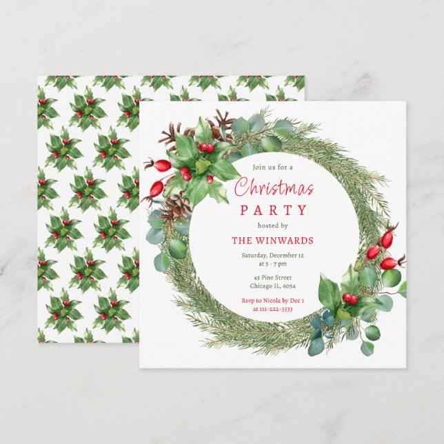 Invitation Fête de Noël Branches de Pin et Baies  (Devant / Derrière)