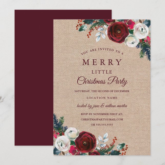 Invitation Fête de Noël Burgundy Floral Rustique Rouge (Devant / Derrière)
