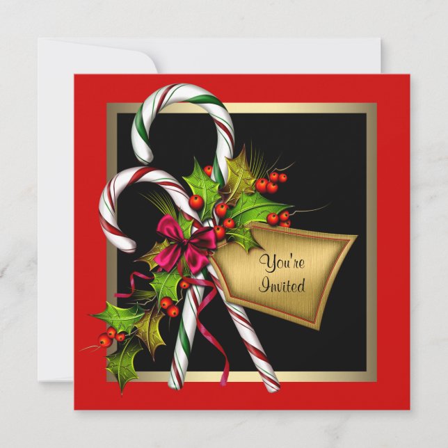 Invitation Fête de Noël Candy Cane Holly Rouge (Devant)