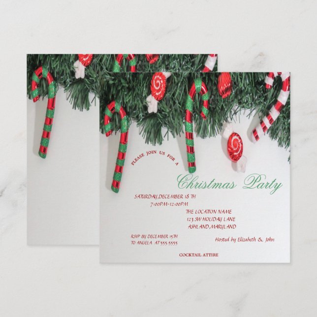 Invitation Fête de Noël Canne en Bonbons, Sapin de Noël (Devant / Derrière)