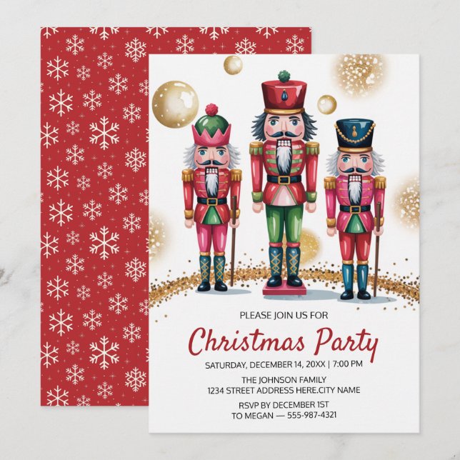 Invitation Fête de Noël Casse-Noisette Paillettes Dorées    (Devant / Derrière)