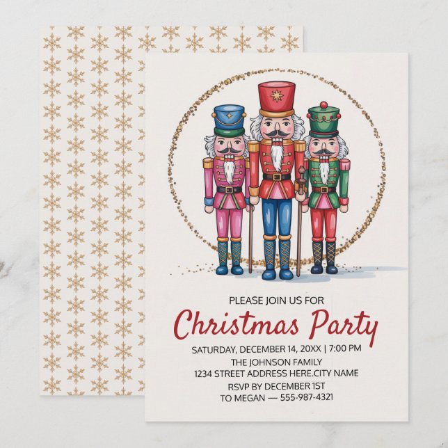 Invitation Fête de Noël Casse-Noisette Paillettes Dorées    (Devant / Derrière)