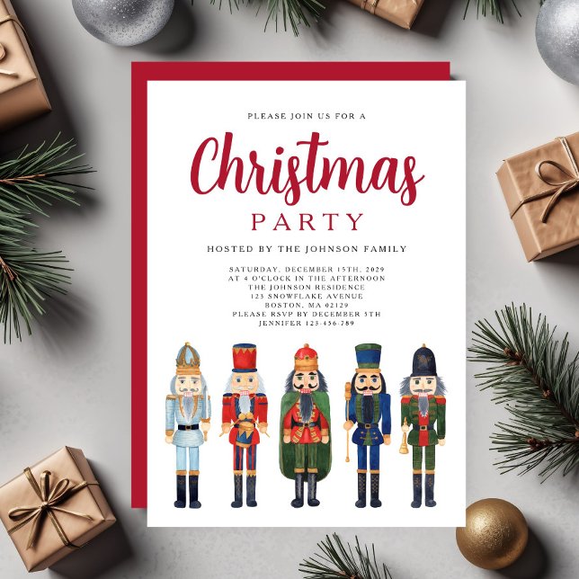 Invitation Fête de Noël Casse-Noisette Rouge Festive (Festive Red Nutcracker Christmas Party Invitation)