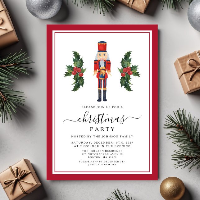 Invitation Fête de Noël Casse-Noisette Rouge Festive (Festive Red Nutcracker Christmas Party Invitation)