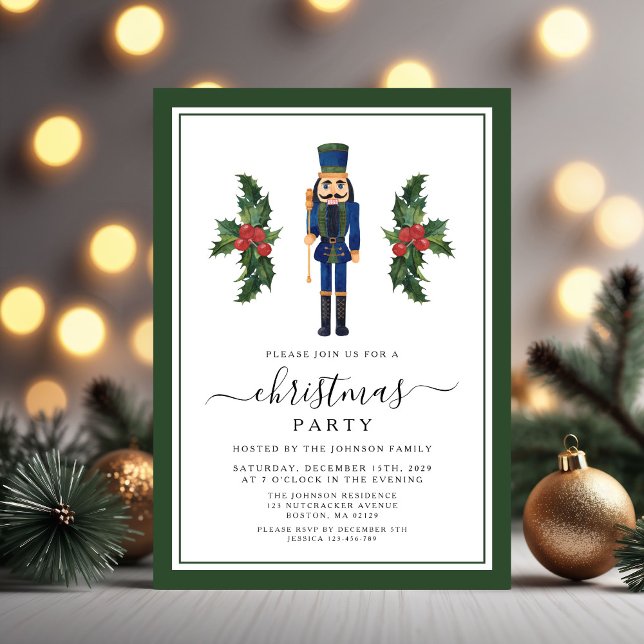 Invitation Fête de Noël Casse-Noisette Vert Mignon (Cute Green Nutcracker Christmas Party Invitation)