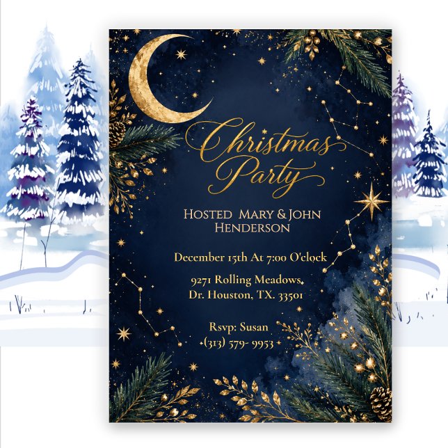 Invitation Fête de Noël céleste bleu marine de minuit  (Créateur téléchargé)