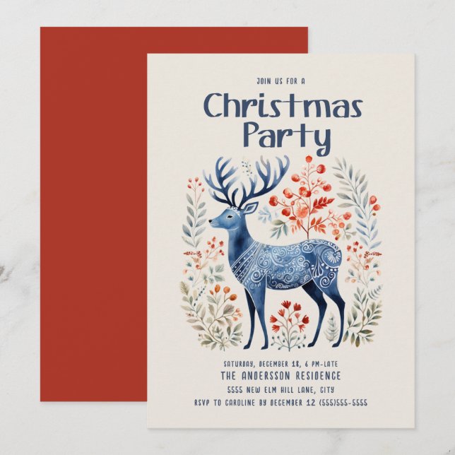 Invitation Fête de Noël Cerf Nordique Scandinave (Devant / Derrière)