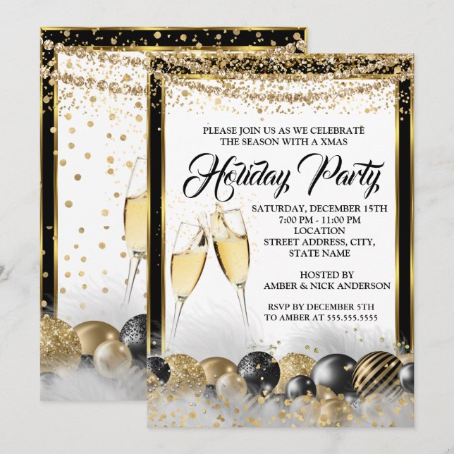 Invitation Fête de Noël Champagne Noir Or (Devant / Derrière)