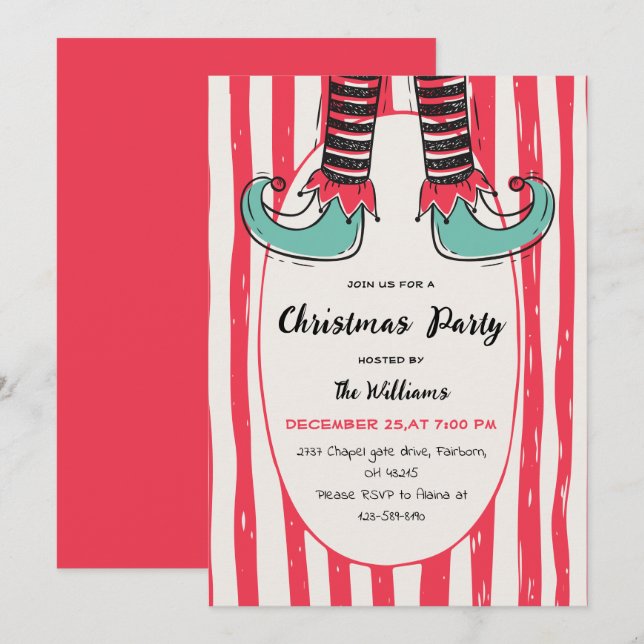 Invitation Fête de Noël Chaussette de lutin dessinée à la mai (Devant / Derrière)