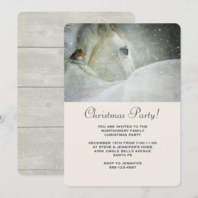 Invitation Fête de Noël Cheval Blanc et Oiseau en Hiver (Devant / Derrière)