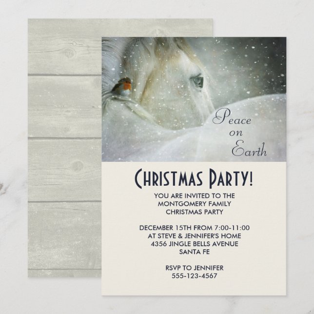 Invitation Fête de Noël Cheval Blanc et Oiseau en Hiver (Devant / Derrière)