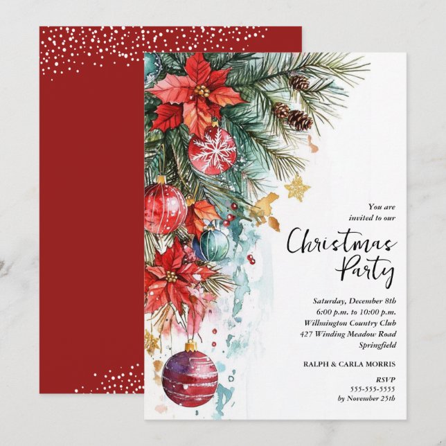 Invitation Fête de Noël chic au poinsettia (Devant / Derrière)