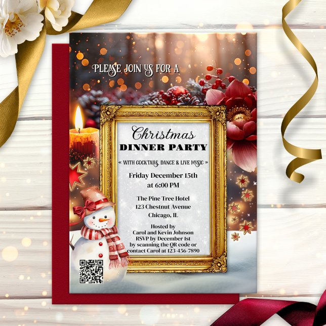 Invitation Fête de Noël chic et rétro amusante (Fun whimsical Christmas dinner party invitation featuring seasonal illustrations)