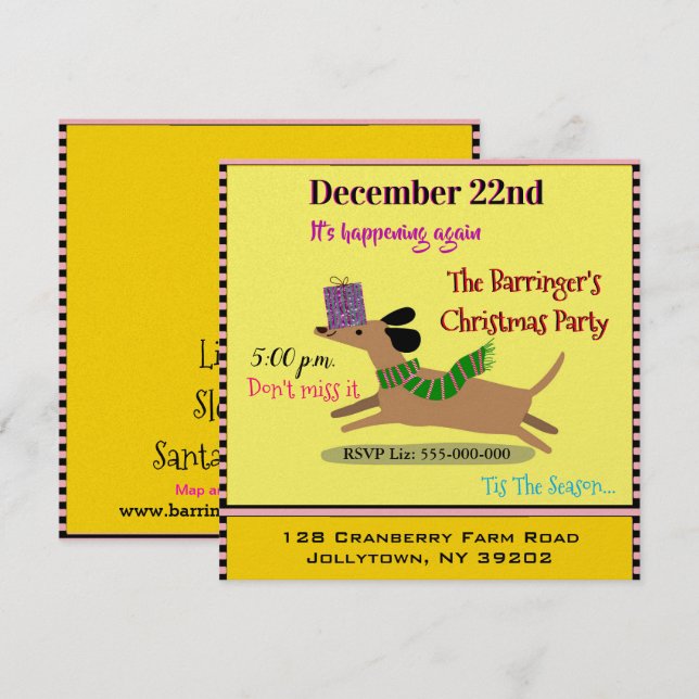 Invitation Fête de Noël Chien Saucisse Joyeux (Devant / Derrière)