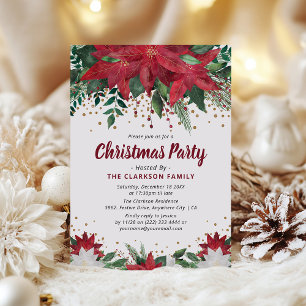 Invitation Fête de Noël Classique aux Fleurs de Poinsettia et