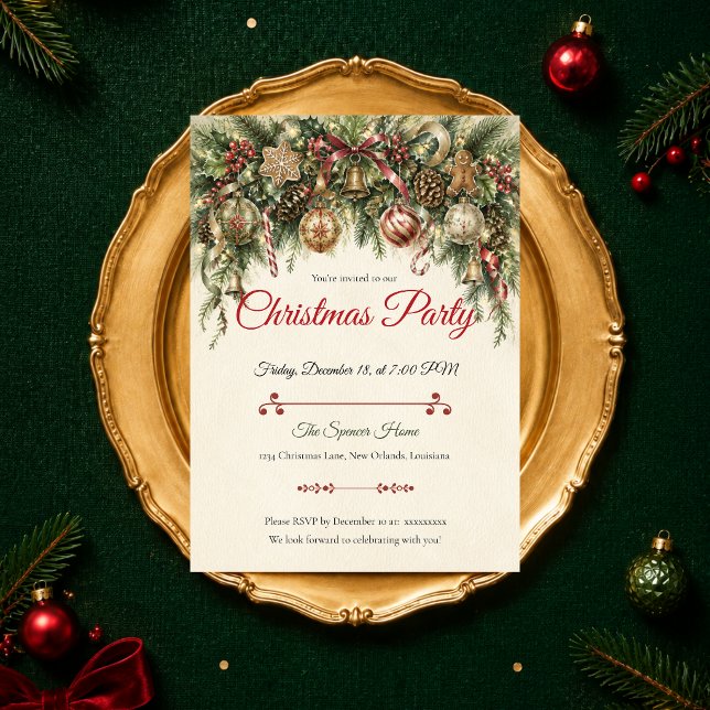 Invitation Fête de Noël Classique aux Verdures Éternelles (Créateur téléchargé)