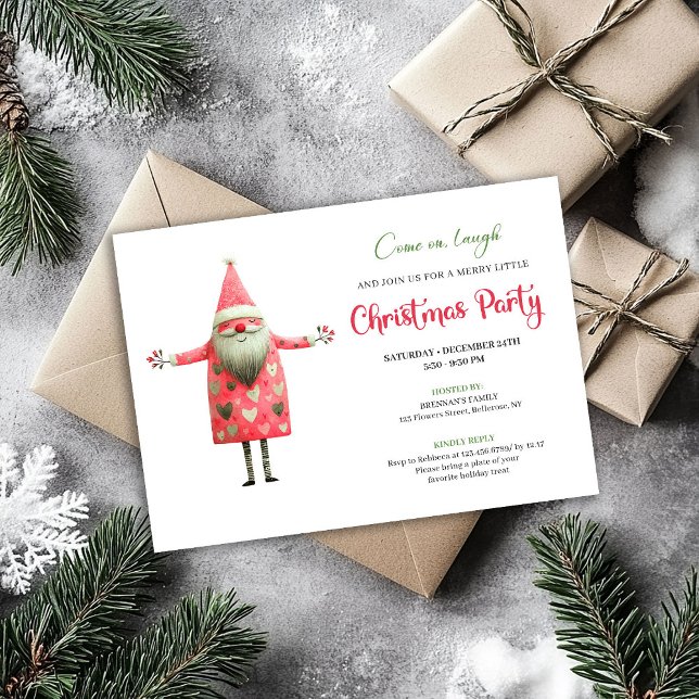 Invitation Fête de Noël Classique Drôle Santa Rouge Vert  (Classic Quirky Santa Red Green Christmas Party Card)