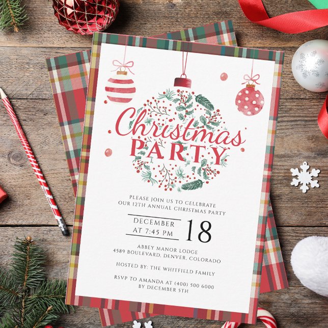 Invitation Fête de Noël classique en plastique (Classic Plaid Script Christmas Party Invitation)