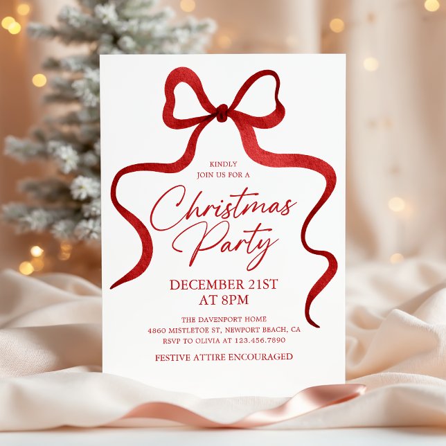 Invitation Fête de Noël Classique Ruban Rouge Coquette (Créateur téléchargé)