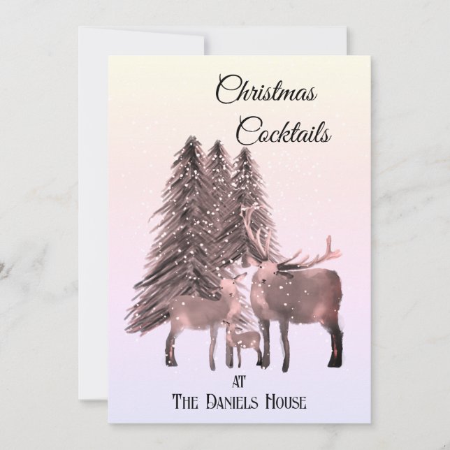Invitation Fête de Noël Cocktail avec Cerfs dans la Neige (Devant)