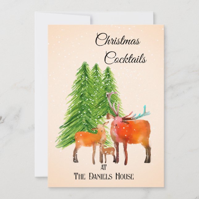 Invitation Fête de Noël Cocktail avec Cerfs dans la Neige (Devant)