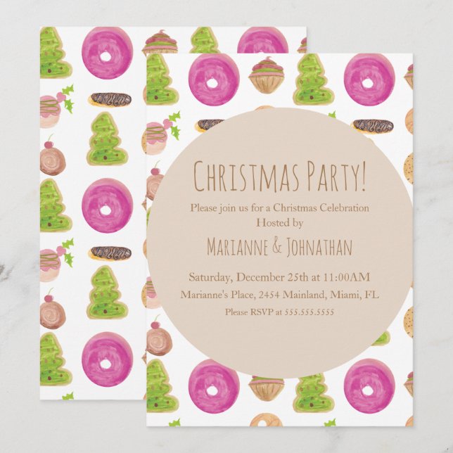 Invitation Fête de Noël Cookies Fêtes Main Aquarellée  (Devant / Derrière)