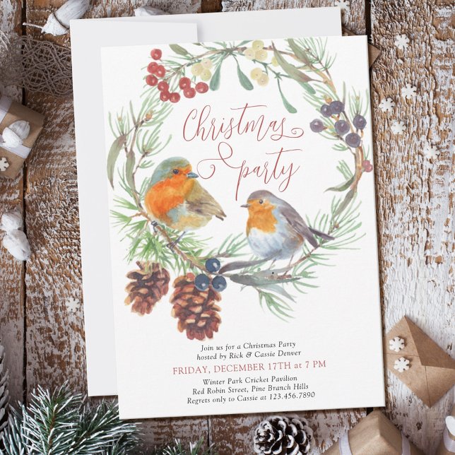 Invitation Fête de Noël Couronne de pin et de gui Robin (Créateur téléchargé)
