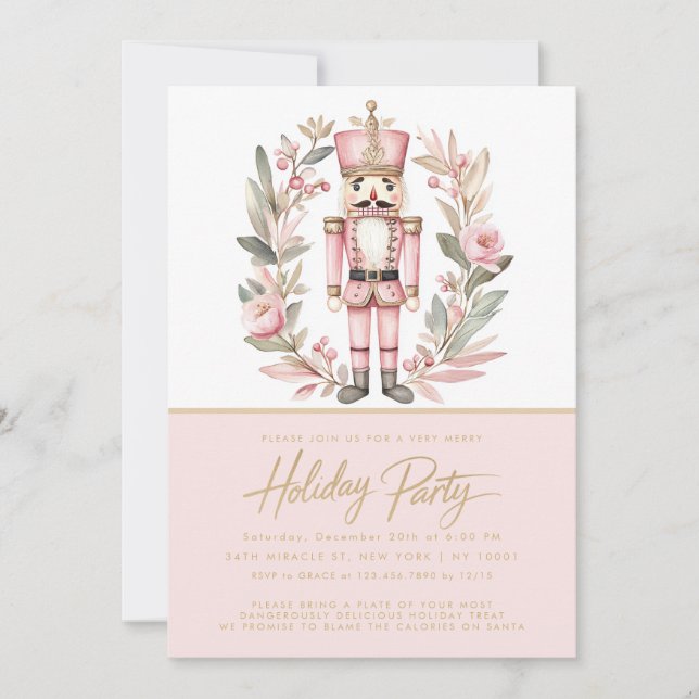 Invitation Fête de Noël Couronne Rose Casse-Noisette (Devant)