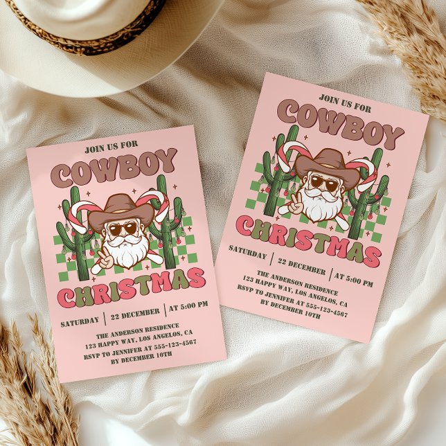 Invitation Fête de Noël Cowboy Rétro Rose (Créateur téléchargé)