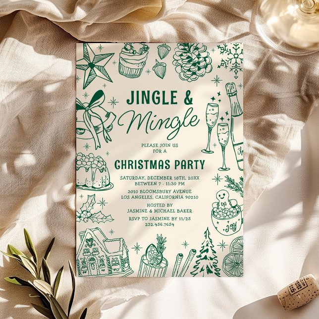 Invitation Fête de Noël Cozy Green Doodle (Créateur téléchargé)
