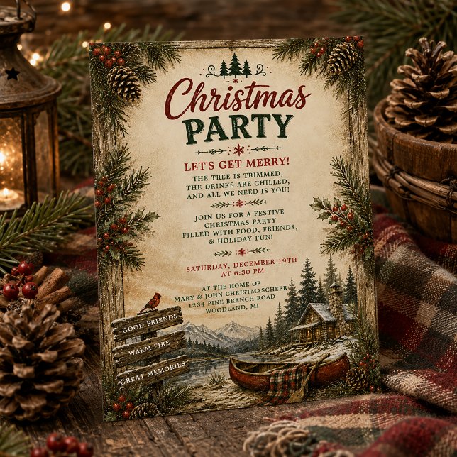 Invitation Fête de Noël dans un chalet rustique en forêt | (Créateur téléchargé)