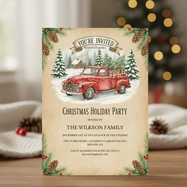 Invitation Fête de Noël de camion rouge rustique (Créateur téléchargé)