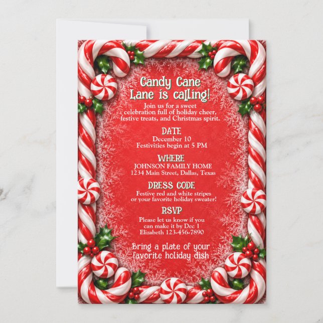 Invitation Fête de Noël de Candy Cane Lane (Devant)