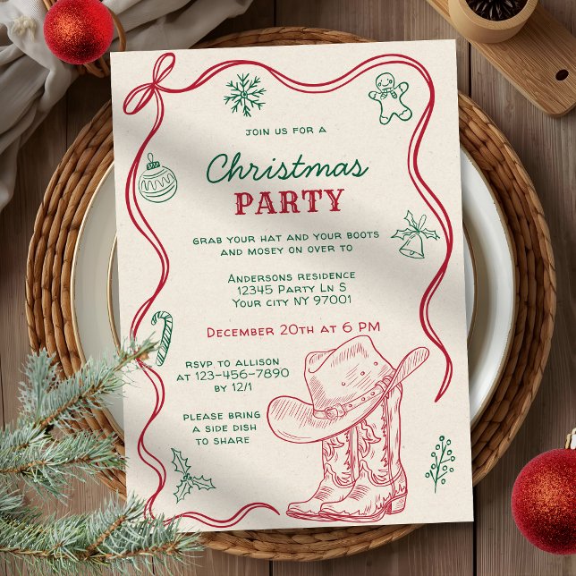 Invitation Fête de Noël de cow-boy western dessinée à la main (Créateur téléchargé)