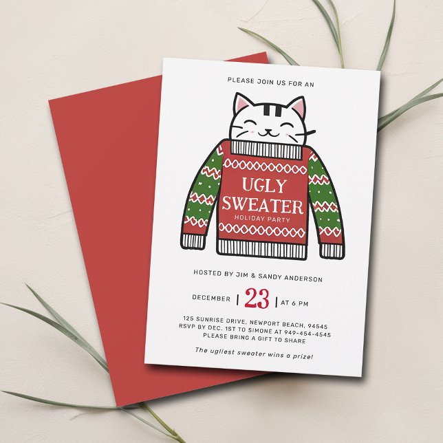 Invitation Fête de Noël de dessin de chat moderne (christmas party invitation ugly sweater cute cat modern maximalist happy cheerful family office)