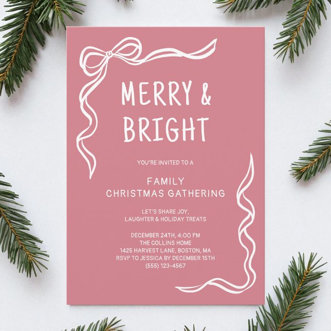 Invitation Fête de Noël de famille avec main blanche rose (Pink Whimsical Hand Drawn Family Christmas Party Invitation)