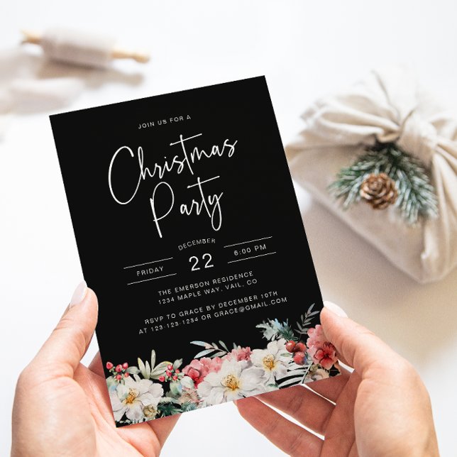 Invitation Fête de Noël de la Botanique Noire (Elegant Black Christmas Party Holiday Invitation Watercolor Berries Botanical Florals)