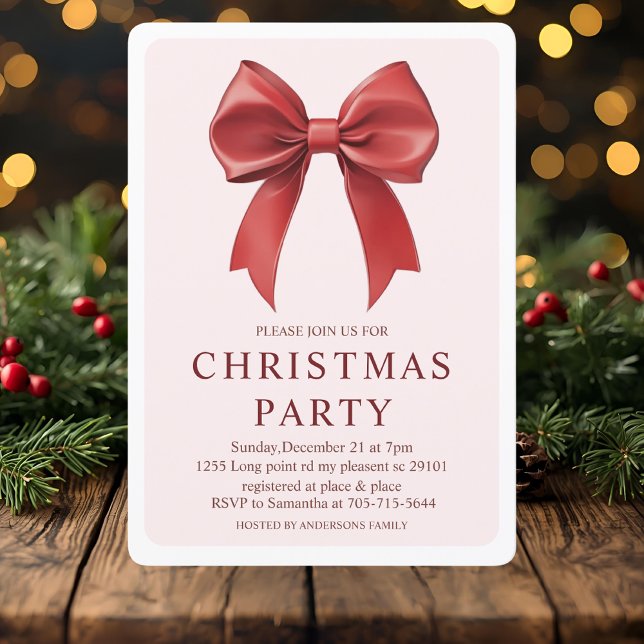 Invitation Fête de Noël de la Bow rouge | Festif élégant (Créateur téléchargé)