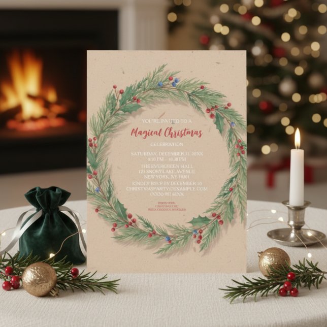 Invitation Fête de Noël de la Couronne de pin rustique (Créateur téléchargé)