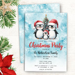 Invitation Fête de Noël de la famille des mignons pingouins<br><div class="desc">Créez des invitations élégantes à la fête de Noël avec une famille de trois pingouins joyeux en chapeau de Père Noël rouge debout près d'un arbre de Noël. Cet invitation festif de Noël est conçu sur un arrière - plan bleu neigeux avec d'élégants flocons de neige. Le modèle vous permet...</div>