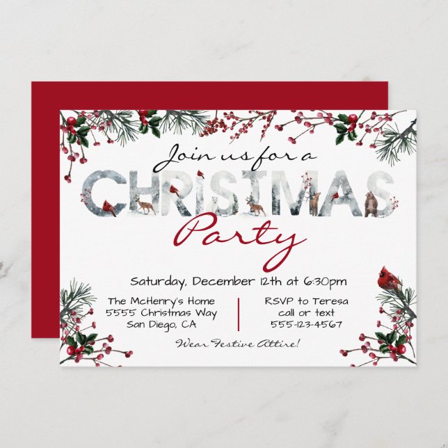 Invitation Fête de Noël de la forêt d'aquarelle de bois (Devant / Derrière)