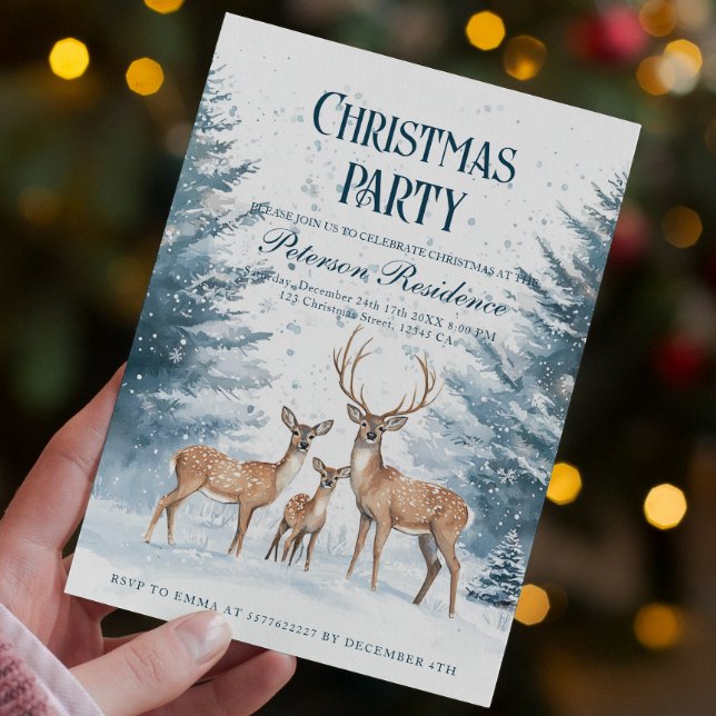 Invitation Fête de Noël de la forêt d'hiver et du renne (Créateur téléchargé)
