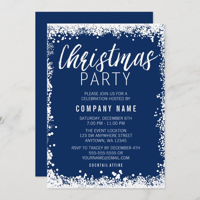 Invitation Fête de Noël de la frontière de la neige bleue et  (Devant / Derrière)