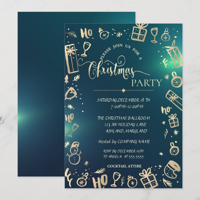 Invitation Fête de Noël de la société élégante or vert (Devant / Derrière)
