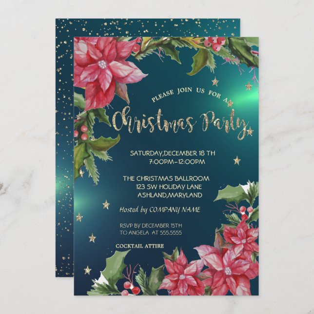 Invitation Fête de Noël de la société Poinsettia, Stars Green (Devant / Derrière)