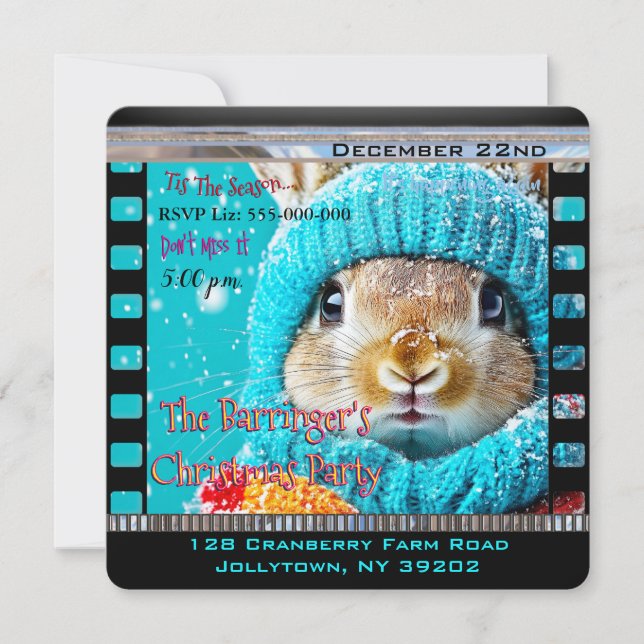 Invitation Fête de Noël de Lapin Bleu Neige (Devant)