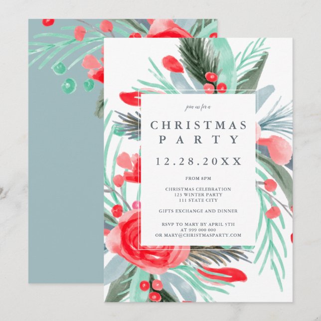 Invitation Fête de Noël de l'aquarelle verte rouge moderne (Devant / Derrière)